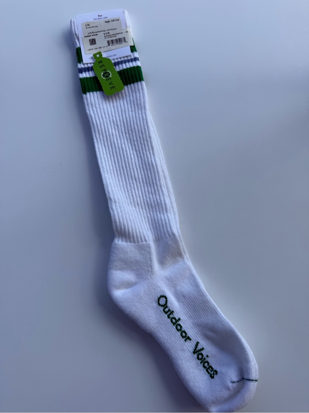 Outdoor Voices White Crew Socks with Green Stripes and Logo